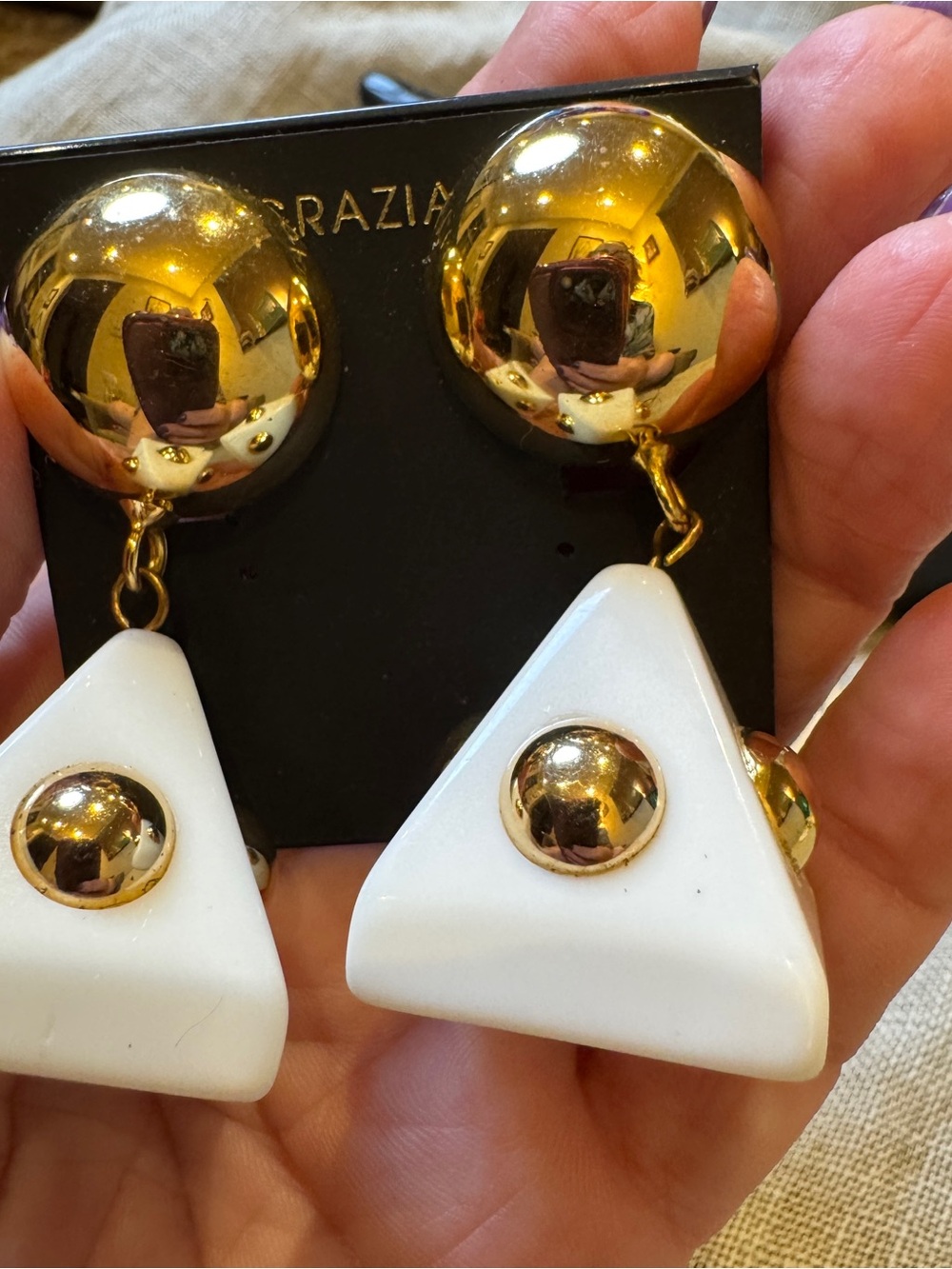 Vintage RJ Graziano White and Gold Triangle Clip-on Drop Earrings